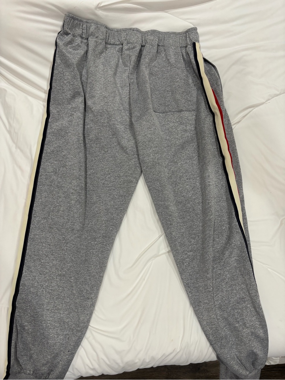 Gray Men’s Track Pants with Red & Cream Side Stripes - Picture 2 of 3
